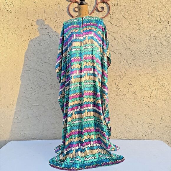 OOAK Vintage Striped Geometric Jewel Tone Handmade Maxi Kaftan W Belt Size M/L - Picture 2 of 10